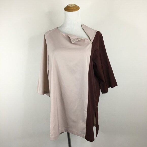 MACHISMO Collection Champagne/Nude Brown 3/4 Sleeve Zipper Collar Slit Hem Dress - Picture 1 of 16